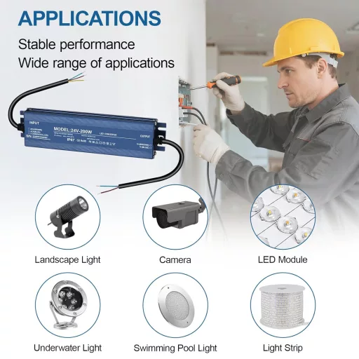 HNCY LED Tápegység 24V 200W IP67 Vízálló Transzformátor MR16 G4