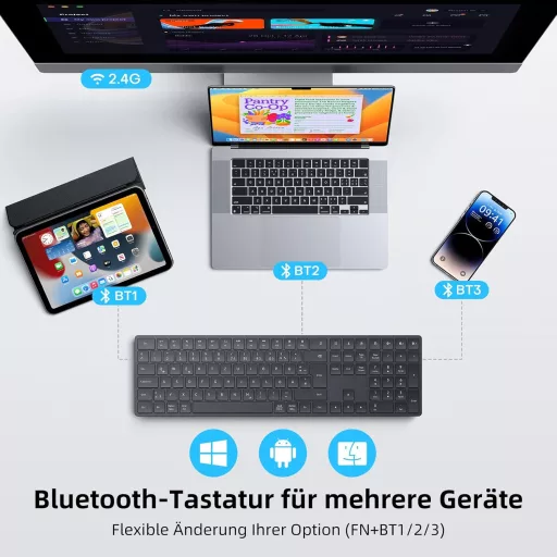 TECURS Bluetooth Wireless Billentyűzet QWERTZ Német Kiosztás 3 Csatorna PC Laptop Mac