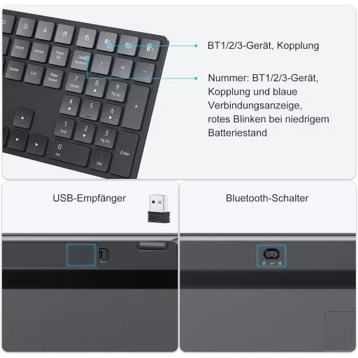 TECURS Bluetooth Wireless Billentyűzet QWERTZ Német Kiosztás 3 Csatorna PC Laptop Mac