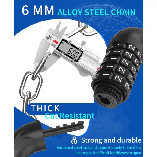 MUPAS 5 számjegyű kerékpárlakat edzett acélból, kombinációs lánczár, lopásgátló biciklizár