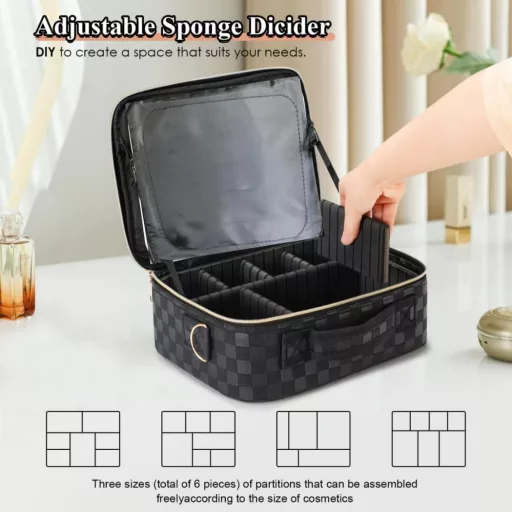 Čierna kozmetická taška so zipsom a nastaviteľnými priehradkami