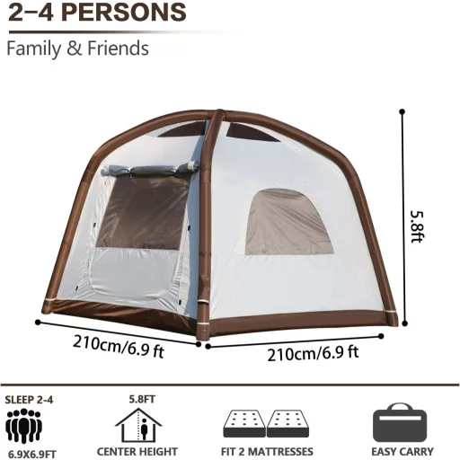 DanCoom felfújható sátor 2-8 személyes camping sátor esővédővel - Small (2-4 people) brown/beige