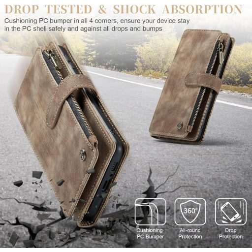 UEEBAI Samsung Galaxy A34 5G Puzdro Hnedé Retro Zipsové Flipové Puzdro na Telefón s Magnetickým Zatváraním Držiakom na Karty Stojanom PU Kožená Peňaženka Remienok na Zápästie