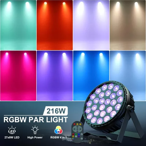 Reflector LED Par Ukfog 216W RGBW - 27x8W DMX Lumini Disco cu Telecomandă - 6 Moduri de Iluminare Scenă pentru Petreceri DJ, Nunți, Crăciun