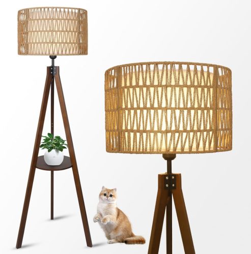 Lampadar Rayofly din Lemn cu Raft - Lampă Trepied Boho cu Abajur din Ratan și In pentru Living, Dormitor și Birou - Cu Comutator de Picior, Design Vintage