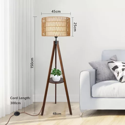 Rayofly Fa Állólámpa Polccal - Rattan és Len Lámpaernyős Tripod Boho Lámpa Nappali, Hálószoba és Iroda Számára - Lábkapcsolóval, Vintage Diz
