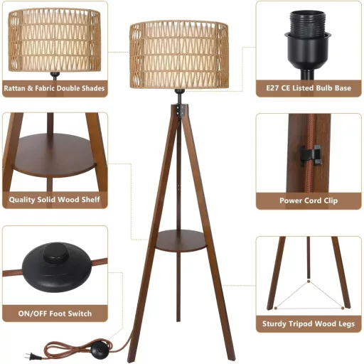 Rayofly Fa Állólámpa Polccal - Rattan és Len Lámpaernyős Tripod Boho Lámpa Nappali, Hálószoba és Iroda Számára - Lábkapcsolóval, Vintage Diz