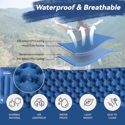 Saltea de camping autogonflabilă HiiPeak, pentru 2 persoane, 120x200cm, cu pernă