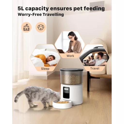 Distribuitor automat de hrană pentru pisici BEMOONY 5L cu temporizator programabil, 1-6 porții pe zi, înregistrare vocală, alb