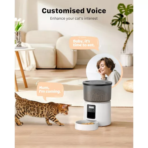 Distribuitor automat de hrană pentru pisici BEMOONY 5L cu temporizator programabil, 1-6 porții pe zi, înregistrare vocală, alb