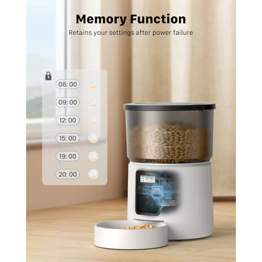 Distribuitor automat de hrană pentru pisici BEMOONY 5L cu temporizator programabil, 1-6 porții pe zi, înregistrare vocală, alb
