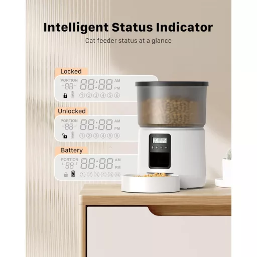 Distribuitor automat de hrană pentru pisici BEMOONY 5L cu temporizator programabil, 1-6 porții pe zi, înregistrare vocală, alb