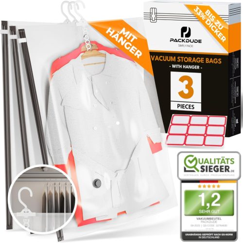 PACKDUDE Vákuové závesné vrecká na oblečenie - 100 x 70 cm Extra silné priehľadné úložné vrecká na odevy, odolné voči moliam so závesným systémom, 3 ks S