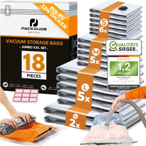 PACKDUDE Set de 18 saci de vid - 8 saci de aspirat și 10 saci de depozitare rulabili pentru haine, în diferite dimensiuni, din plastic extra-stabil