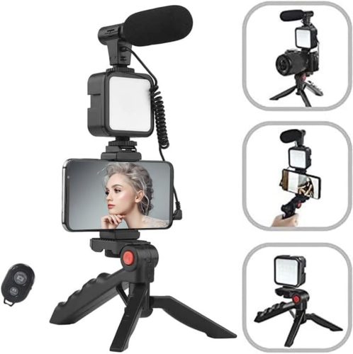 baihuo Vlog Készlet - Okostelefon Mikrofon LED Világítással és Állvánnyal - iPhone és Android Kompatibilis TikTok YouTube Videófelvételhez é