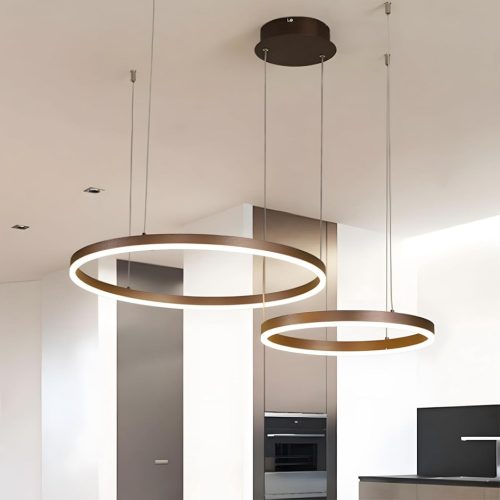 Candelabru modern LED YYUTLUO, 2 inele maro-aurii, 40+60 cm, 40W, reglare luminozitate cu telecomandă, lampă suspendată metal-acrilic pentru living