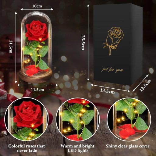 BOLEi Örök Rózsa Üvegbúra Alatt LED Világítással - Romantikus Vörös Művirág Dekoráció Nőknek, Szépség és a Szörnyeteg Stílusú Ajándék Felesé
