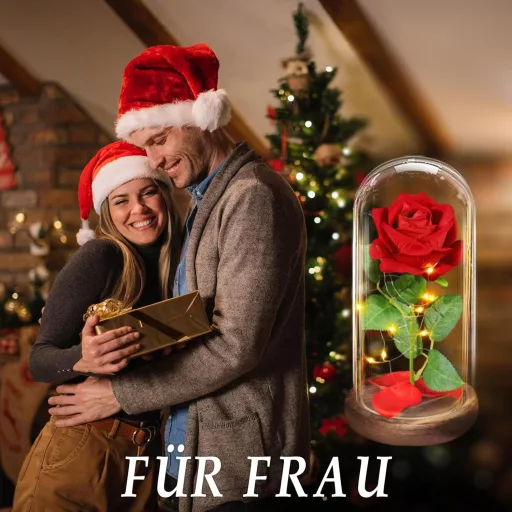 BOLEi Večná Ruža v Sklenenej Kupole s LED Osvetlením - Romantická Červená Umelá Kvetinová Dekorácia pre Ženy, Darček pre Manželku v Štýle Kráska a Zviera