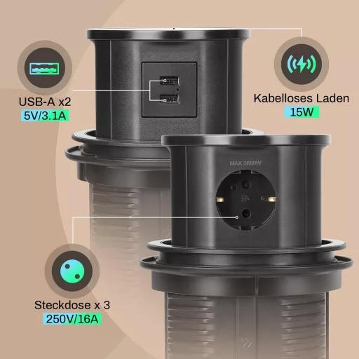 XIIW Asztalba süllyeszthető elosztó 3680W, 15W vezeték nélküli töltővel