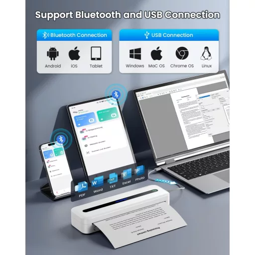 Omezizy A4 Hordozható Termális Nyomtató Bluetooth 300DPI Fehér
