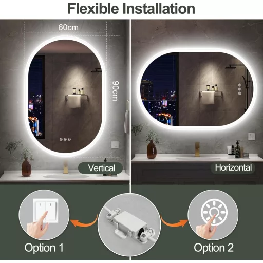 S'bagno Ovalno Kupaonsko Ogledalo s LED Rasvjetom 60x90 cm - Bluetooth, Odmagljivač, 3 Temperature Boje, IP44 Vodootporno, s Funkcijom Memorije