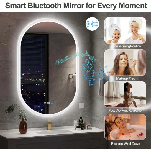 Oglindă de baie ovală S'bagno cu LED, 60x90 cm - Bluetooth, Dezaburire, 3 Temperaturi de Culoare, Impermeabilitate IP44, cu Funcție de Memorie