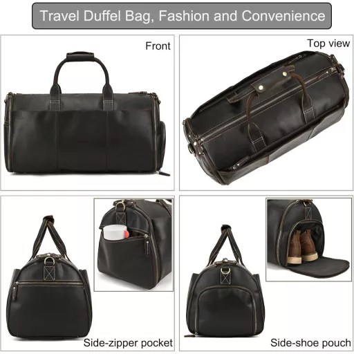 Geantă de voiaj LUUFAN din piele, maro închis, cu compartiment pentru pantofi, husă de costum, bărbați și femei.