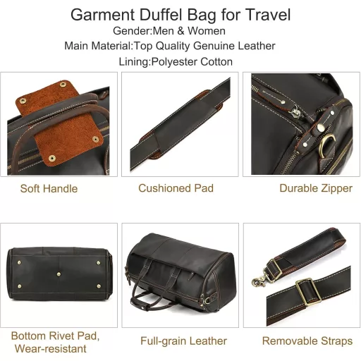 Geantă de voiaj LUUFAN din piele, maro închis, cu compartiment pentru pantofi, husă de costum, bărbați și femei.