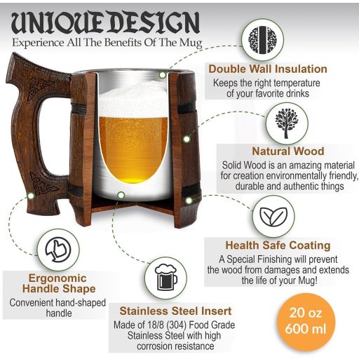 TESLYAR Viking Sörös Bögre 0,6L Fa Életfa Gravírozással Ajándék