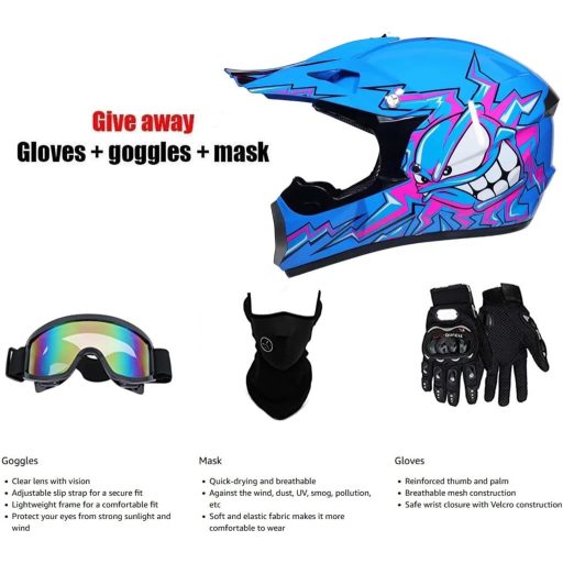 Cască Moto Cross Integrală MoHelmHui pentru Copii cu Carcasă ABS, Cască Enduro Dirt Bike cu Mănuși