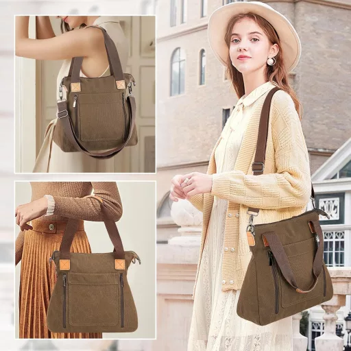 Geantă de damă HAWEE, shopper mare de umăr cu fermoar, maro retro, pentru călătorie/muncă.