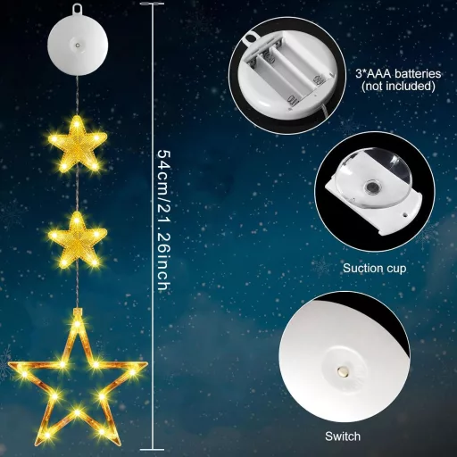 Set de decorațiuni luminoase pentru geam, stele LED zâmbitoare Sunshine, 3 bucăți, iluminare de Crăciun suspendabilă pentru fereastră