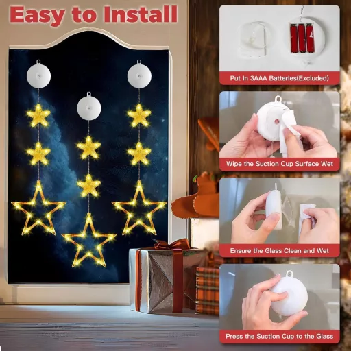 Set de decorațiuni luminoase pentru geam, stele LED zâmbitoare Sunshine, 3 bucăți, iluminare de Crăciun suspendabilă pentru fereastră