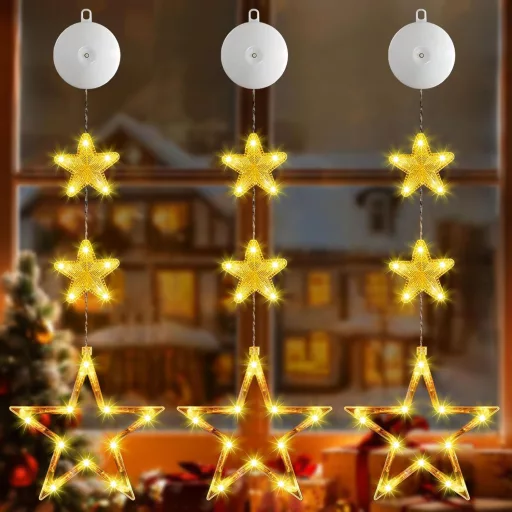 Sunshine smile LED csillag ablakdísz szett, 3 darabos függeszthető karácsonyi ablakvilágítás
