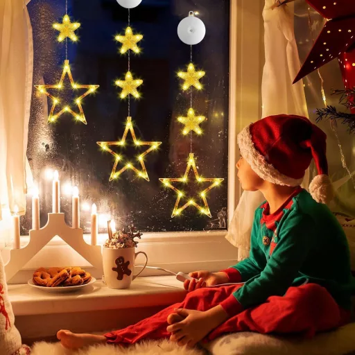 Set de decorațiuni luminoase pentru geam, stele LED zâmbitoare Sunshine, 3 bucăți, iluminare de Crăciun suspendabilă pentru fereastră