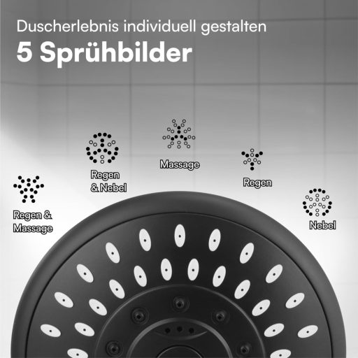 H&S sprchová hlavica, 5 funkcií, silikónové trysky, čierna, úsporná prevádzka