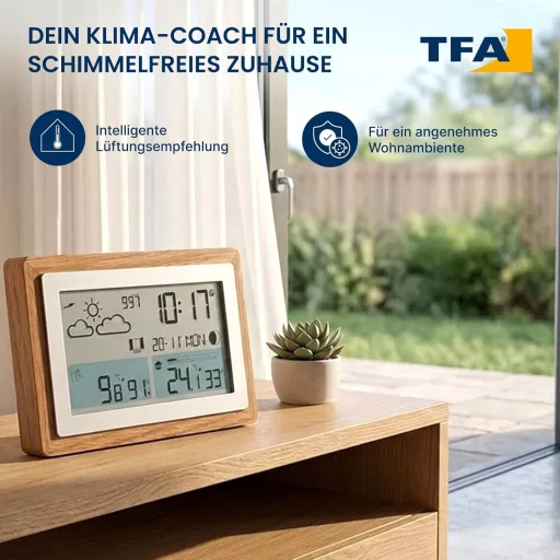 Stație Meteo Wireless TFA Dostmann cu Ramă de Lemn, Termometru de Interior-Exterior