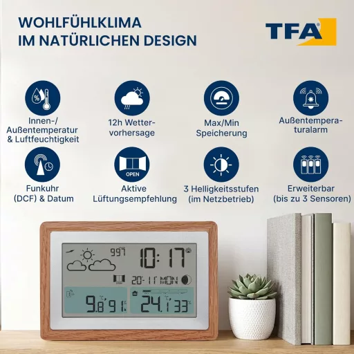 Stație Meteo Wireless TFA Dostmann cu Ramă de Lemn, Termometru de Interior-Exterior