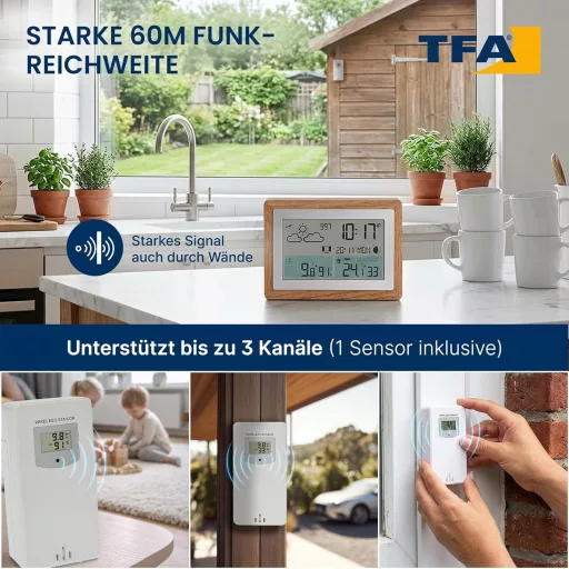 Stație Meteo Wireless TFA Dostmann cu Ramă de Lemn, Termometru de Interior-Exterior