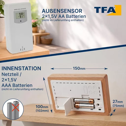 Stație Meteo Wireless TFA Dostmann cu Ramă de Lemn, Termometru de Interior-Exterior