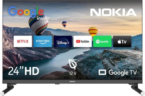 Nokia 24 Inch HD Google TV - 12V Pentru Camping - Telecomandă Iluminată - Chromecast - Triple Tuner DVB-C/S2/T2 - WiFi - 2023