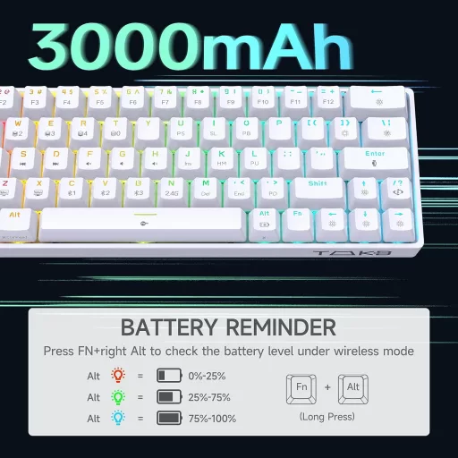Fehér TMKB T63 RGB mechanikus gamer billentyűzet, vezeték nélküli, piros kapcsolókkal