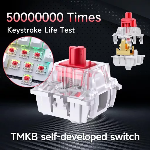 Fehér TMKB T63 RGB mechanikus gamer billentyűzet, vezeték nélküli, piros kapcsolókkal