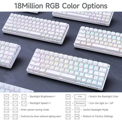 Fehér TMKB T63 RGB mechanikus gamer billentyűzet, vezeték nélküli, piros kapcsolókkal