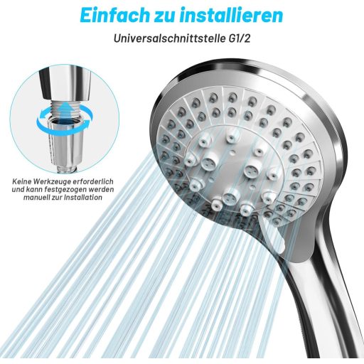 Cap de duș cu efect de ploaie, 5 funcții, economisire de apă, cromat, presiune înaltă.