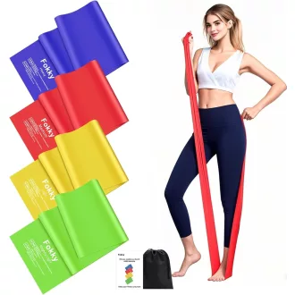   Set 4 benzi fitness Fokky, bandă elastică de rezistență 2m, benzi de antrenament cu 4 niveluri pentru yoga și pilates - Verde, galben, roșu, albastru