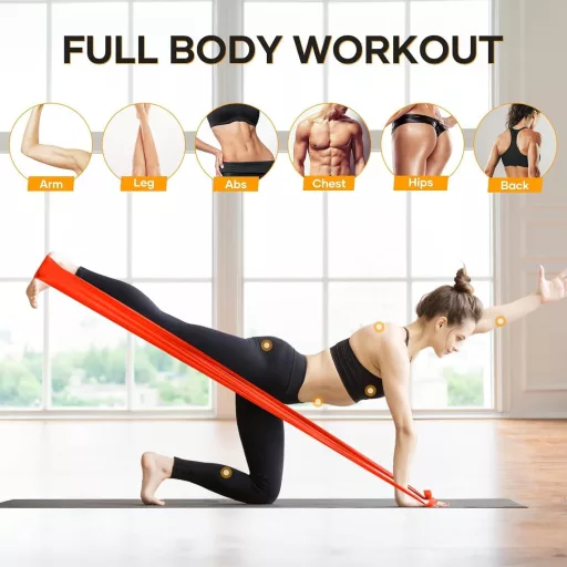 Set 4 benzi fitness Fokky, bandă elastică de rezistență 2m, benzi de antrenament cu 4 niveluri pentru yoga și pilates - Verde, galben, roșu, albastru