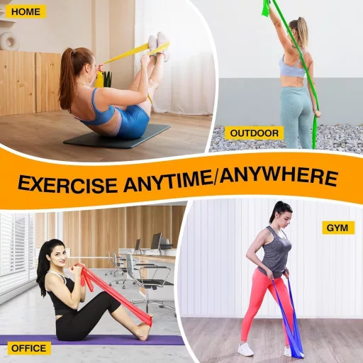 Set 4 benzi fitness Fokky, bandă elastică de rezistență 2m, benzi de antrenament cu 4 niveluri pentru yoga și pilates - Verde, galben, roșu, albastru