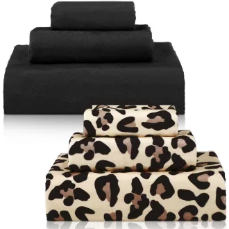   Yoande 6 részes fürdőszobai törülköző szett, barna leopárd és fekete, puha és nedvszívó - Brown Leopard Print and Black