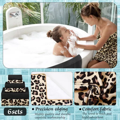 Yoande 6 részes fürdőszobai törülköző szett, barna leopárd és fekete, puha és nedvszívó - Brown Leopard Print and Black